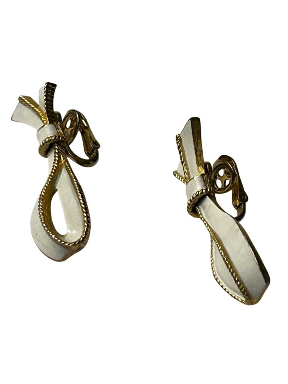 Vintage Crown Trifari Gold-Tone & White Enamel Bow Clip-On Earrings 1.75” Made I